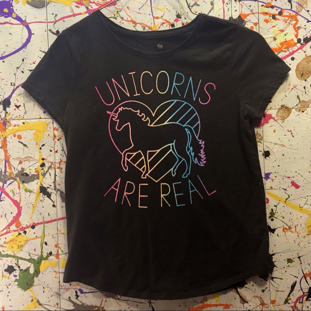 Black and rainbow top, with unicorns.